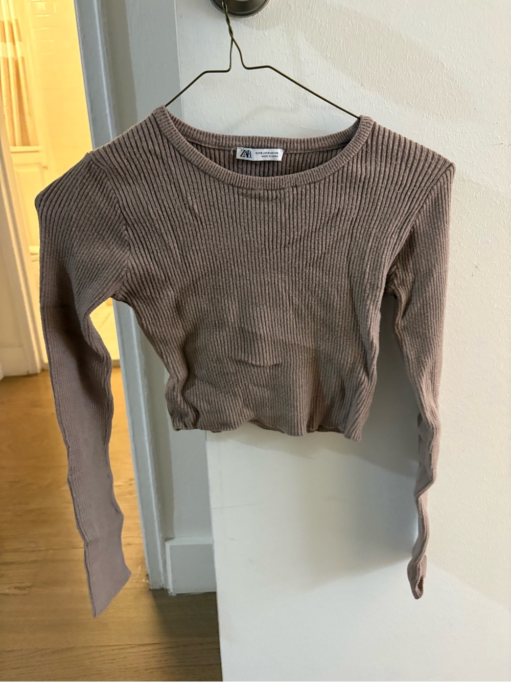Zara Ribbed Long-Sleeve Crop Top in Taupe Brown